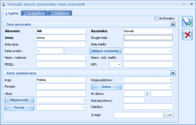 8.2.2 Karta pracownika W celu dodania nowego pracownika należy otworzyć z menu: Ogólne / Pracownicy. Naciskamy przycisk Dodaj, otworzy się formatka, która pozwoli na dodanie nowej karty pracownika.