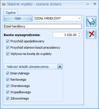 poszczególne składniki wynagrodzenia należy nacisnąć przycisk Dodaj nowego składnika wynagrodzenia., który otwiera formatkę dodawania Poszczególne pola i składniki wynagrodzenia: Rys.