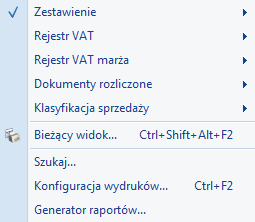 Następnie z poziomu Rejestru VAT sprzedaży wchodzimy na ikonę dostępne następujące opcje: pod przyciskiem