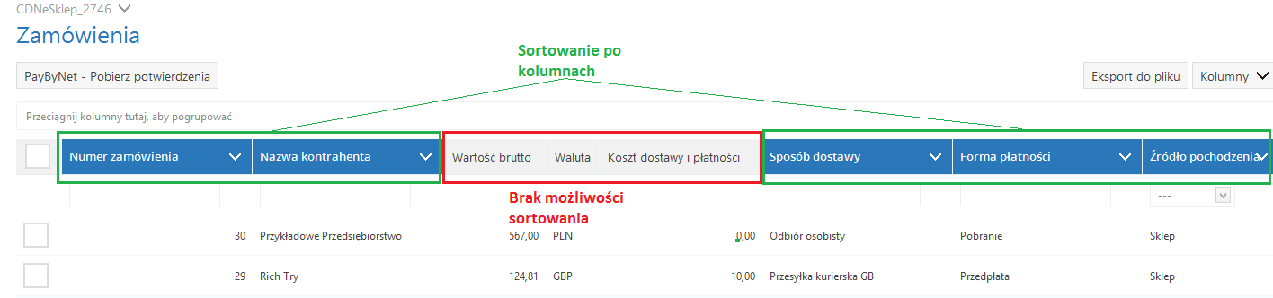 W przypadku zbyt dużej liczby kolumn na liście (w poziomie) z prawej strony każdego rekordu pojawia się znak plus.