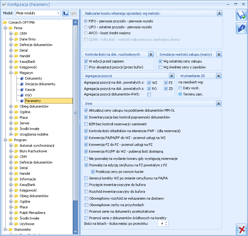Rys. 60 Parametry konfiguracyjne Magazynu Aktualizuj ceny zakupu na podstawie dokumentów MM - OL parametr odpowiada za aktualizację (zmianę) ostatniej ceny zakupu na karcie towaru.