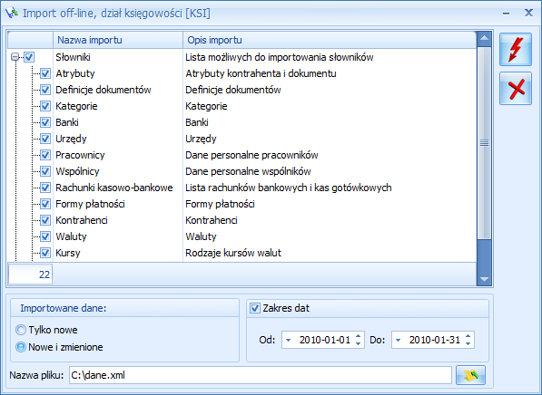Dział księgowy eksport i import danych Rys. 158 Import danych dział księgowy Eksport i import danych w dziale księgowym odbywa się na identycznych zasadach jak w dziale sprzedaży.