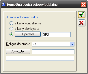 W momencie dodawania kontrahenta do etapu kampanii pojawi się okno: Domyślna osoba odpowiedzialna, w którym zostanie uwzględnione ustawienie z konfiguracji, jednocześnie z możliwością zmiany