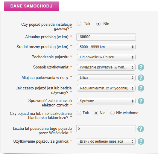 DANE SAMOCHODU Powyższe informacje w istotny sposób wpływają na wysokość składki (OC oraz OC i AC). Czy pojazd posiada instalację gazową?