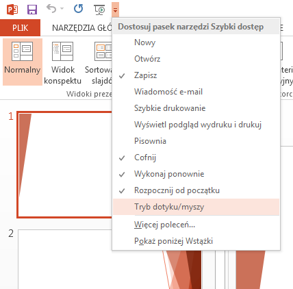 Uzyskiwanie dostępu do często używanych poleceń Pasek narzędzi Szybki dostęp w lewym górnym rogu okna programu PowerPoint to doskonałe miejsce na dodanie przycisków skrótów do najczęściej używanych