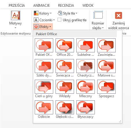 Zmiany w motywach Nowy domyślny rozmiar slajdów Jeśli po zastosowaniu wbudowanego motywu zechcesz zmienić kolory i czcionki, możesz wybrać spośród wariantów motywu proponowanych przez projektanta na