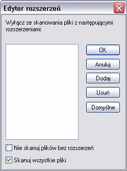 Lista rozszerzeń plików przeznaczonych do skanowania jest przedstawiona w głównej części okna. Nawigacja listy odbywa się przy uŝyciu paska przewijania umieszczonego po prawej stronie okna.