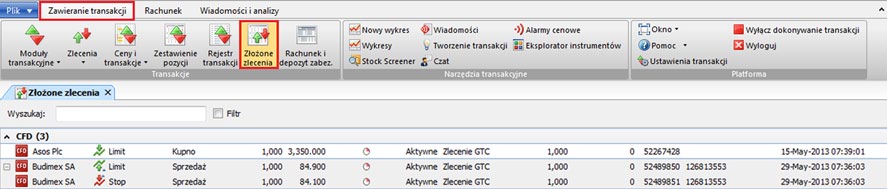 8. Klikając jedną z ikonek możesz złożyć odpowiednio zlecenia powiązane Limit oraz Stop Loss.