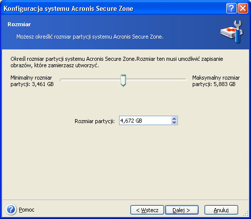 3. W celu zwiększenia rozmiaru partycji systemu Acronis Secure Zone lub dodania wolnego miejsca po zmniejszeniu tej strefy naleŝy wybrać partycję, której wolna przestrzeń zostanie do tego celu uŝyta.