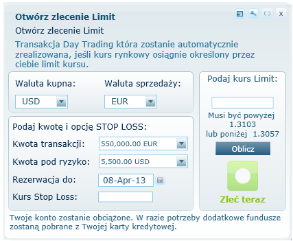 Podręcznik użytkownika 16 Zlecenie z limitem Użyj tej aplikacji do złożenia nowego zlecenia, wybierając kursy kupna i sprzedaży, kwotę i depozyt, datę wygaśnięcia i kurs z limitem.