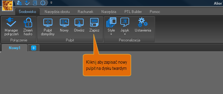 Konfigurację pulpitu zaczniemy od zmiany jego nazwy. W managerze pulpitu klikamy na domyślnej nazwie pulpitu Nowy1 i zmieniamy ją w naszym przypadku na AliorTrader.