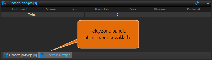 Mając przypięty panel Otwarte pozycje dodamy do niego kolejny panel: Zlecenia bieżące. W pierwszej kolejności z menu wybieramy Narzędzia Obrotu-->Zlecenia bieżące.