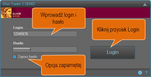 3. Logowanie do Platformy Platforma AliorTrader w momencie uruchomienia wyświetla okno logowania, w którym należy podać login i hasło jakie otrzymaliśmy do konta rzeczywistego lub do konta