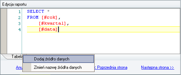 Typ pola daty: Nazwa filtru: Zapytanie definiujące filtr: Rozwijane data SELECT CAST(@value AS datetime) AS wartosc Opis pola: Pozostałe pola należy pozostawić domyślne. 5.