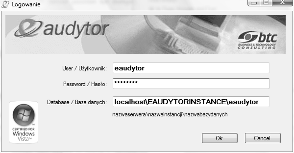 4 e-audytor v.3.x QuickStart Podczas pierwszego logowania nazwa użytkownika i hasło do programu są predefiniowane i nie należy ich zmieniać (User = eaudytor, Password = eaudytor). 2.