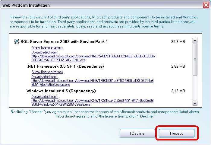 NaleŜy zaznaczyć 2-gą pozycję SQL Server Express 2008 with Service Pack 1 (1.) oraz SQL Server 2008 Management Studio Express (2.