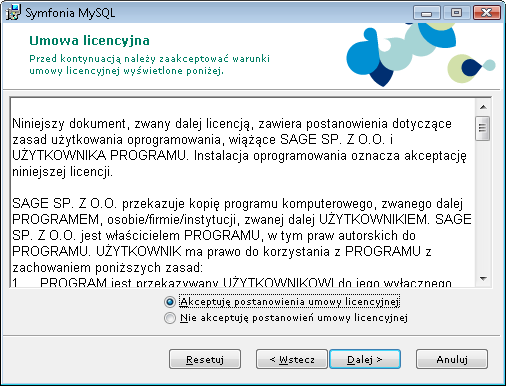 Instalacja programu Sage Symfonia e-dokumenty 4 Instalacja Symfonia MySQL Rys. 7 Strona startowa kreatora instalacji Symfonia MySQL. Rys. 8 Strona Umowa licencyjna.