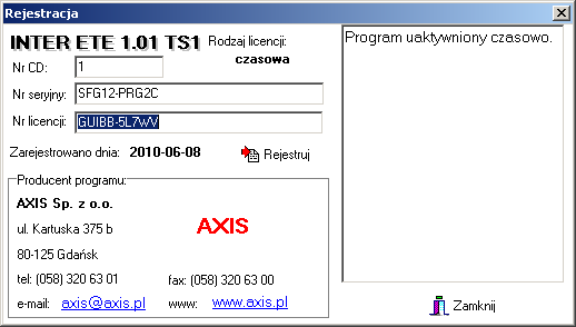 Rejestracja Program dostarczany jest w wersji demonstracyjnej i w takiej moŝe być dowolnie rozpowszechniany. Dostęp do wszystkich opcji programu moŝna uzyskać po dokonaniu rejestracji.
