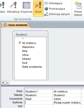 - 5 - Ćwiczenie 11. Zmdyfikuj kwerendę Zmień ceny tak aby p uruchmieniu kwerendy pjawiał się kn z pytaniem numer indeksu studenta, któreg ceny chcemy zmienić.