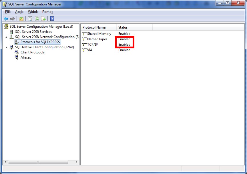10z12 4. Konfiguracja. Aby skonfigurować SQL SERVER 2008 EXPRESS R2 należy uruchomić program SQL SERVER CONFIGURATION MANAGER dostępny min.
