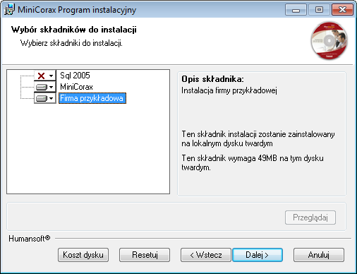 2. Następnie wybieramy składniki do instalacji komponenty: humansoft MiniCorax i Firma przykładowa. 3.