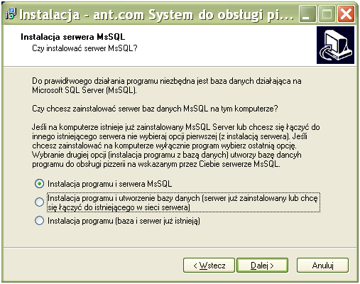 System do obsługi pizzerii instrukcja instalacji systemu 3 a) tryb instalacji programu i serwera MS SQL (Microsoft SQL Server) Program instalacyjny zainstaluje darmową wersję Microsoft SQL Server.