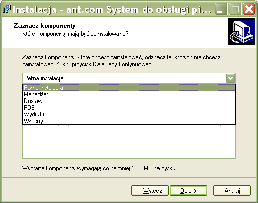 System do obsługi pizzerii instrukcja instalacji systemu 5 Domyślnie ustawiony jest tryb instalacji wszystkich składników czyli Pełna instalacja.