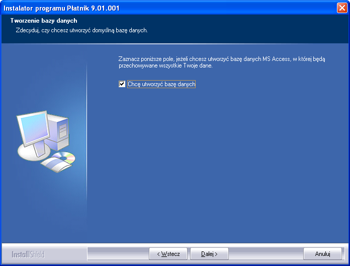 Rysunek 5 W przypadku wybrania opcji Chcę utworzyć bazę danych, po przejściu do kolejnego kroku podaj nazwę pliku tworzonej bazy danych i hasło dostępu do tej bazy, a następnie kliknij przycisk Dalej