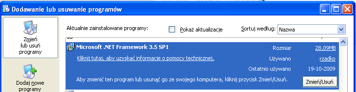 2.2.3..NET Framework Wymagana jest instalacja.net Framework 3.5 z dodatkiem SP1 lub nowszy. Jej zainstalowanie jest widoczne w oknie Dodaj lub usuń programy panelu sterowania. Rysunek 4.