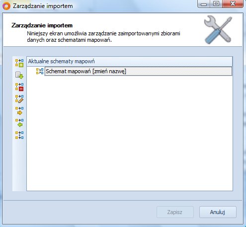 W otwartym oknie zarządzania importem należy, przed rozpoczęciem importu obrotówki stworzyd Schemat mapowao wybierając Utwórz schemat oraz