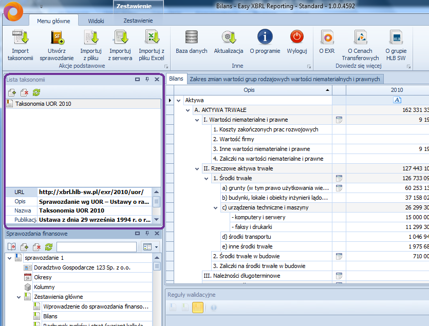 Rysunek 11. Interfejs pole taksonomii. Pod polem taksonomii znajduje się pole sprawozdao finansowych (Rys. 12), które umożliwia sprawną nawigacje pomiędzy elementami sprawozdao.