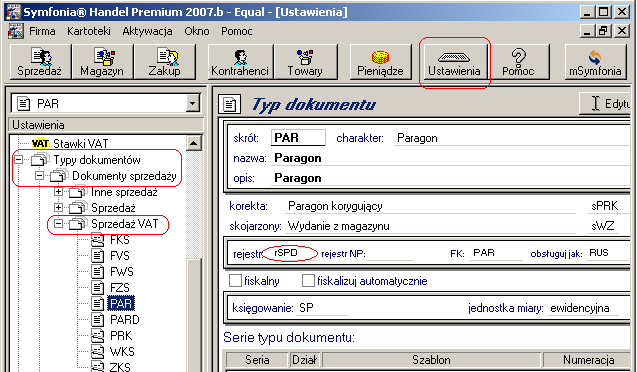 Dodanie rejestru VAT Dodawanie dokumentów Zalecane jest stworzenie dodatkowego dokumentu typu paragon o innym symbolu i numeracji (na przykładzie