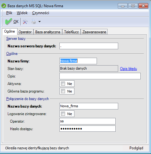 Tworzenie bazy danych typu MS SQL Dla utworzenia nowej bazy danych w formacie MS SQL: ustawiamy kursor w pozycji: enova dzisiaj (Drzewo folderów) lub naciskamy : enova dzisiaj (Pasek skrótów), a