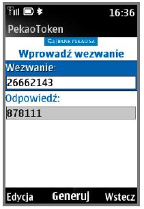 z 4 ostatnich cyfr rachunku odbiorcy oraz kod PIN Rysunek 21 Żądanie wyliczenia kodu w PekaoTokenie na podstawie wezwania źródło: http://www.pekao.com.