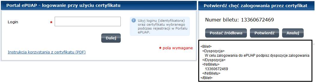 przesyła platforma. Po podpisaniu bilet jest odsyłany do platformy, która weryfikuje złożony podpis.