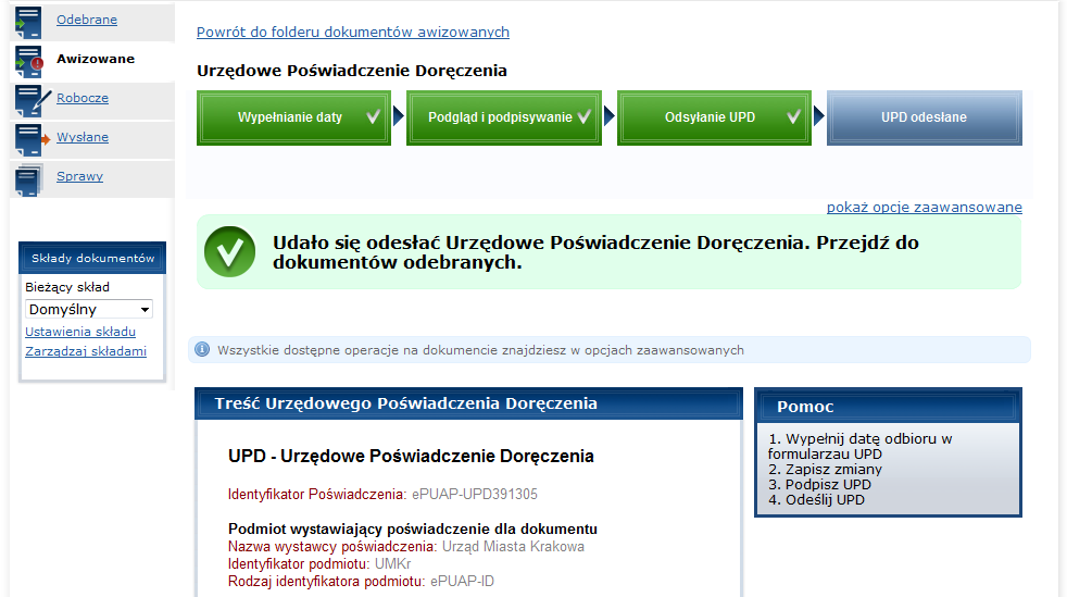 Rysunek 45 Informacja o wysłaniu dokumentu i wystawieniu UPP źródło: własne 5.
