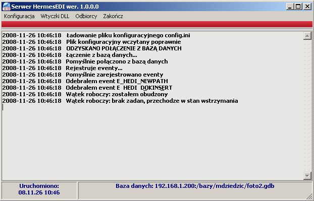 HermesEDI str. 5 3. PRACA Z SYSTEMEM Po uruchomieniu HermesEDI, aplikacja zgłasza się swoim widokiem głównym, w którym widać stan pracy serwera. okno główne HermesEDI 3.1.