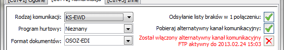 Przełączenie na alternatywny kanał komunikacji W przypadku wystąpienia problemu z dostępem do usług serwera, program apteczny w sposób automatyczny przełączy się na alternatywny kanał komunikacji FTP.