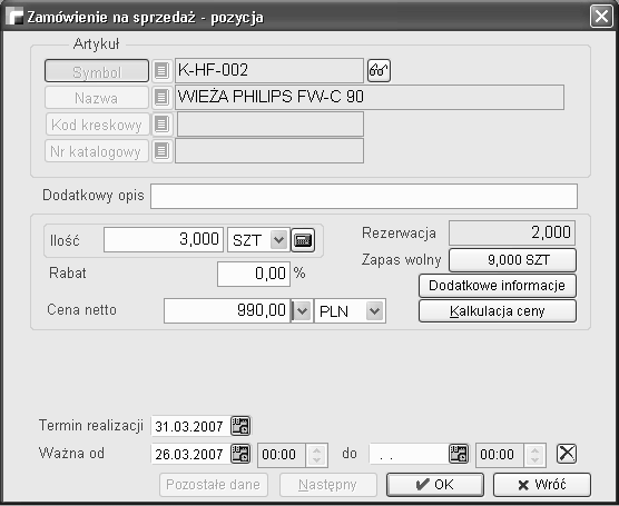 Pozycje zamówienia do dostawcy Oprócz ustawień ogólnych w nagłówku dla całego dokumentu, możemy dla każdej pozycji zamówienia indywidualnie ustawić następujące opcje: termin realizacji, Ważna od.do. W takiej sytuacji system będzie brał pod uwagę ustawienia przy pozycji.