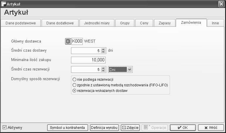 2. Uzupełnienie informacji w kartotece Artykułów. W kartotece artykułów znajduje się zakładka Zamówienia, która skupia wszystkie informacje o artykule związane z zamówieniami.