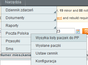 Wysyłka zamówień do placówki Poczty Polskiej. Aby wysłać listę przesyłek do placówki poczty polskiej należy użyć opcji Wysyłka listy paczek do PP w menu Narzędzia > Poczta Polska.