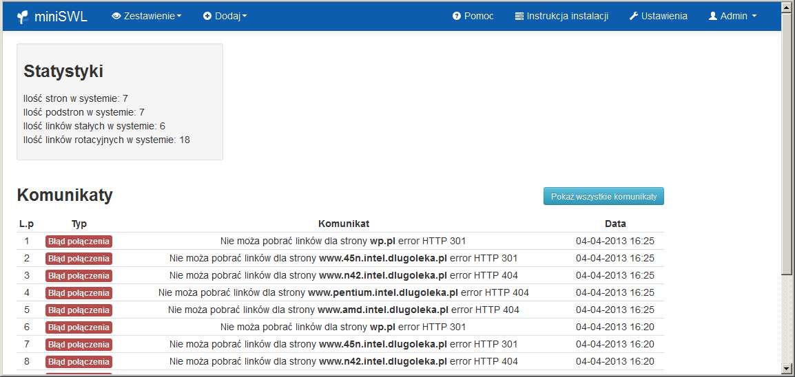 Błąd połączenia - jeśli aplikacja nie mogła połączyć się z plikami zainstalowanymi na stronie która ma wyświetlać linki, na końcu każdego komunikatu będzie error HTTP XXX gdzie XXX kod błędy HTTP: