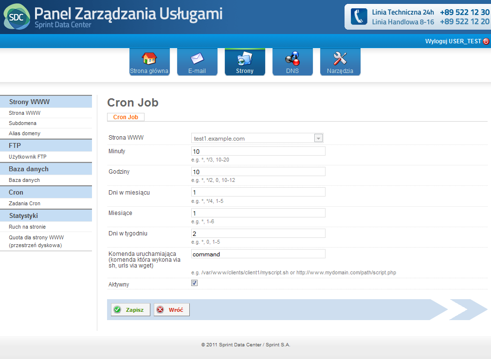 Rysunek 39 Moduł Strony, Zadania cron, dodawanie