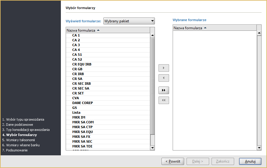 Rysunek 90. Kreatr sprawzdań wybór frmularzy W lewym panelu kna prezentwane są mżliwe d wybru frmularze, natmiast d praweg panelu kna przenszne są te, które maja być dstępne p twarciu sprawzdania.