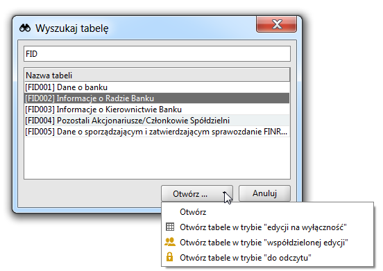 Znajdź tabelę Aby uruchmić funkcję Znajdź tabelę należy wybrać: skrót klawiszwy: Ctrl+Shift-T lub Menu Tabela Funkcja ta: wyświetla wszystkie tabele aktywne w bieżącym sprawzdaniu, umżliwia szybkie