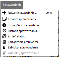 - zmianę statusu sprawzdania, - zarządzanie archiwami sprawzdania, - zablkwanie sprawzdania, - dblwwanie sprawzdania. Wszystkie te funkcje zstały zgrupwane w menu Sprawzdanie (zb. rysunek 269).