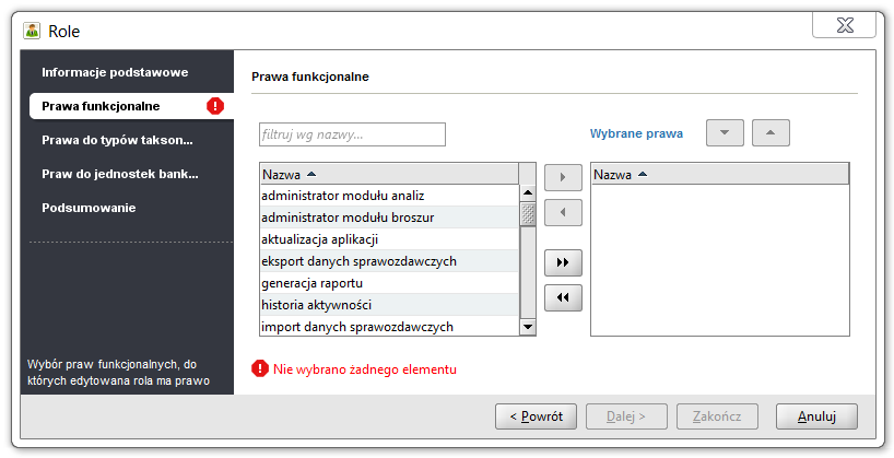 P uruchmieniu funkcji prezentwany jest ekran jak na rysunku 72 i uaktywnia się kreatr, który w pięciu krkach umżliwi utwrzenie nwej rli. Krk pierwszy t zdefiniwanie danych pdstawwych dla nwej rli (zb.