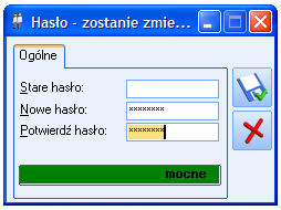 Str. 192 Konfiguracja systemu v.2010 Dodatkowo podczas zmiany hasła specjalny pasek informuje o sile wprowadzonego hasła. Zmiana hasła możliwa jest również z menu System/ Zmiana hasła.