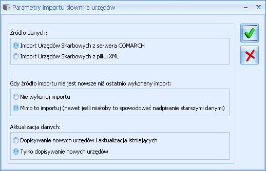 Str. 236 Konfiguracja systemu v.2010 Rys. Import urzędów 1. wybór opcji Import Urzędów skarbowych z serwera COMARCH sprawia, że import wykonywany jest automatycznie. 2. wybór opcji Import Urzędów Skarbowych z pliku XML powoduje pokazanie się pola Plik źródłowy, w którym należy wskazać ścieżkę do pliku XML.