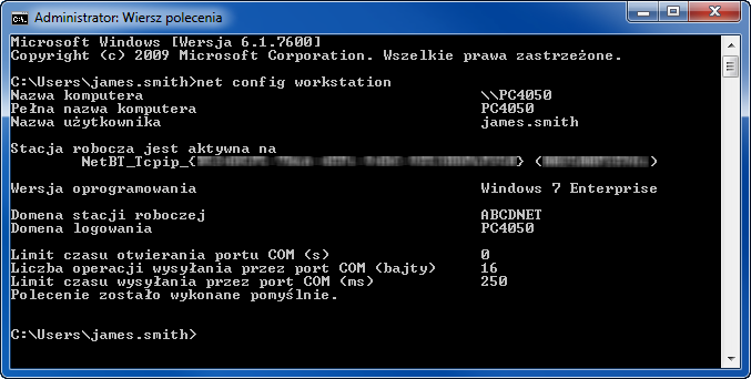 Podstawowa obsługa 2 W oknie oknie Wiersz polecenia wprowadź polecenie net config workstation